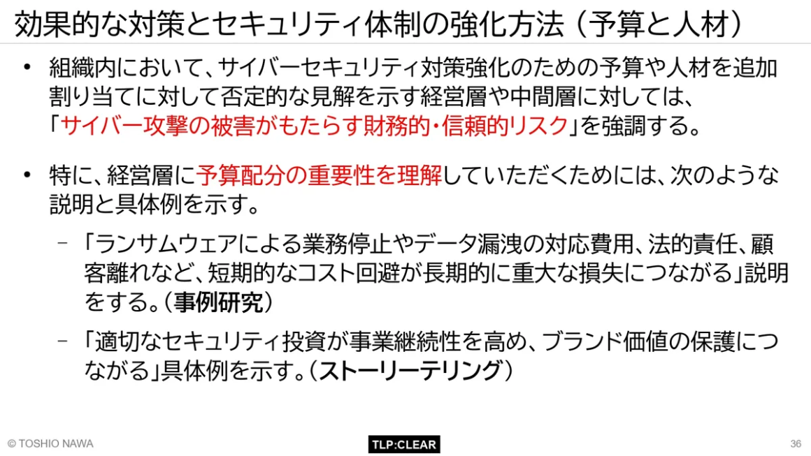 効果的な対策とセキュリティ体制の強化方法(予算と人材) スライド