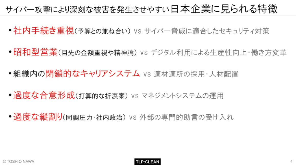 サイバー攻撃により深刻な被害を発生させやすい日本企業に見られる特徴 スライド 
