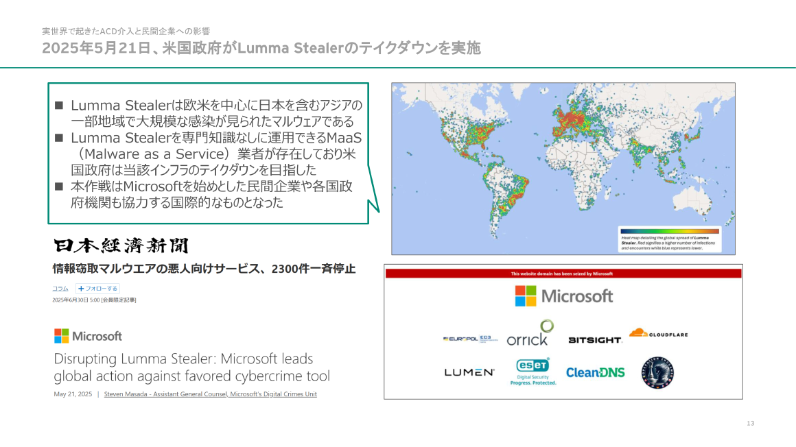 実世界で起きたACD介入と民間企業への影響 2025年5月21日、米国政府がLumma Stealerのテイクダウンを実施 スライド 