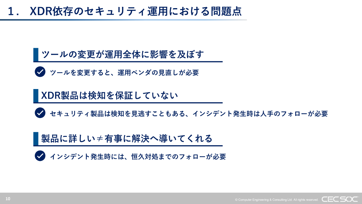 1. XDR依存のセキュリティ運用における問題点 スライド 